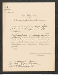 k.k. naturhistorisches Hofmuseum, Intendanzakten 1885-1896 (Hauer), Aktenzahl Z.399/1889, Seite 1